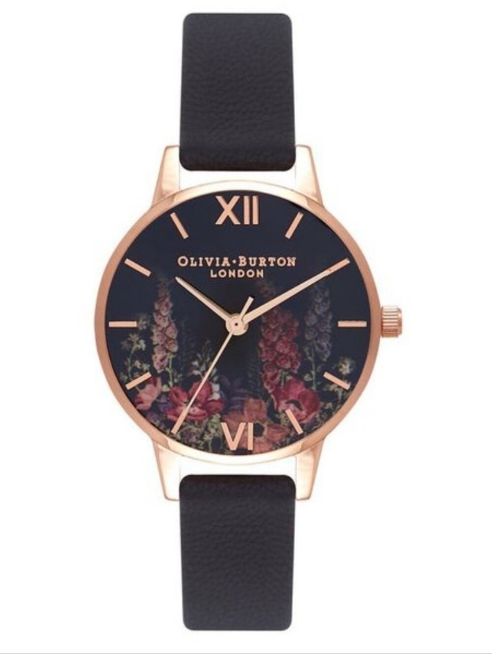 Olivia Burton Black Rose Gold Watch with Floral Design